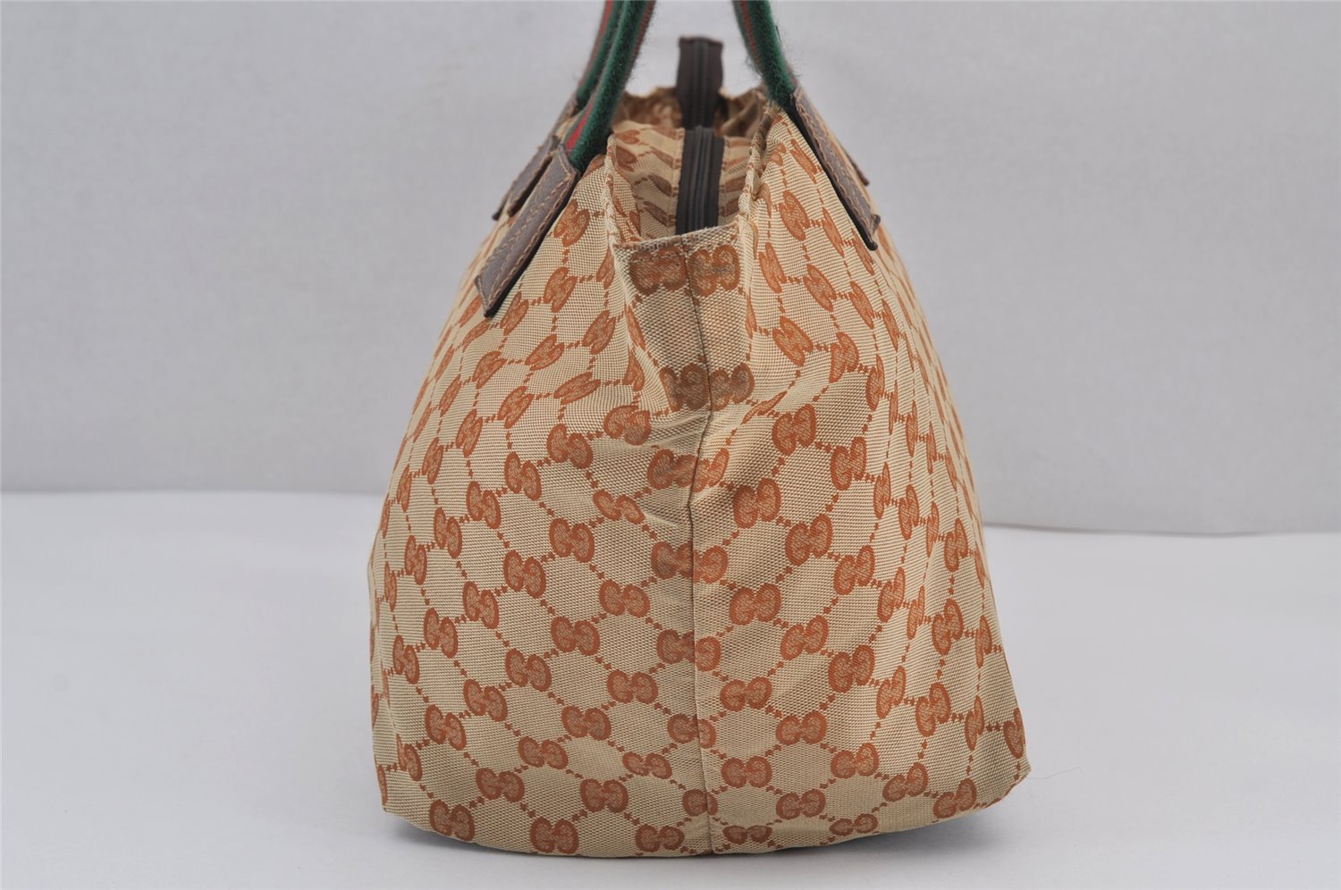 Authentic GUCCI Web Sherry Line Tote Bag GG Nylon Leather 131230 Brown 8121J