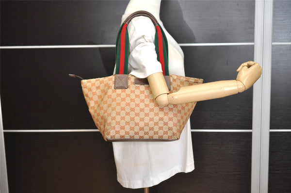 Authentic GUCCI Web Sherry Line Tote Bag GG Nylon Leather 131230 Brown 8121J