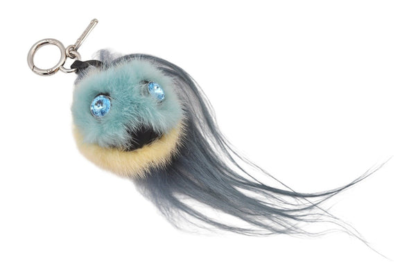 Authentic FENDI Monster Eye Pompom Bag Charm Fur Leather Light Blue Cream 8124K