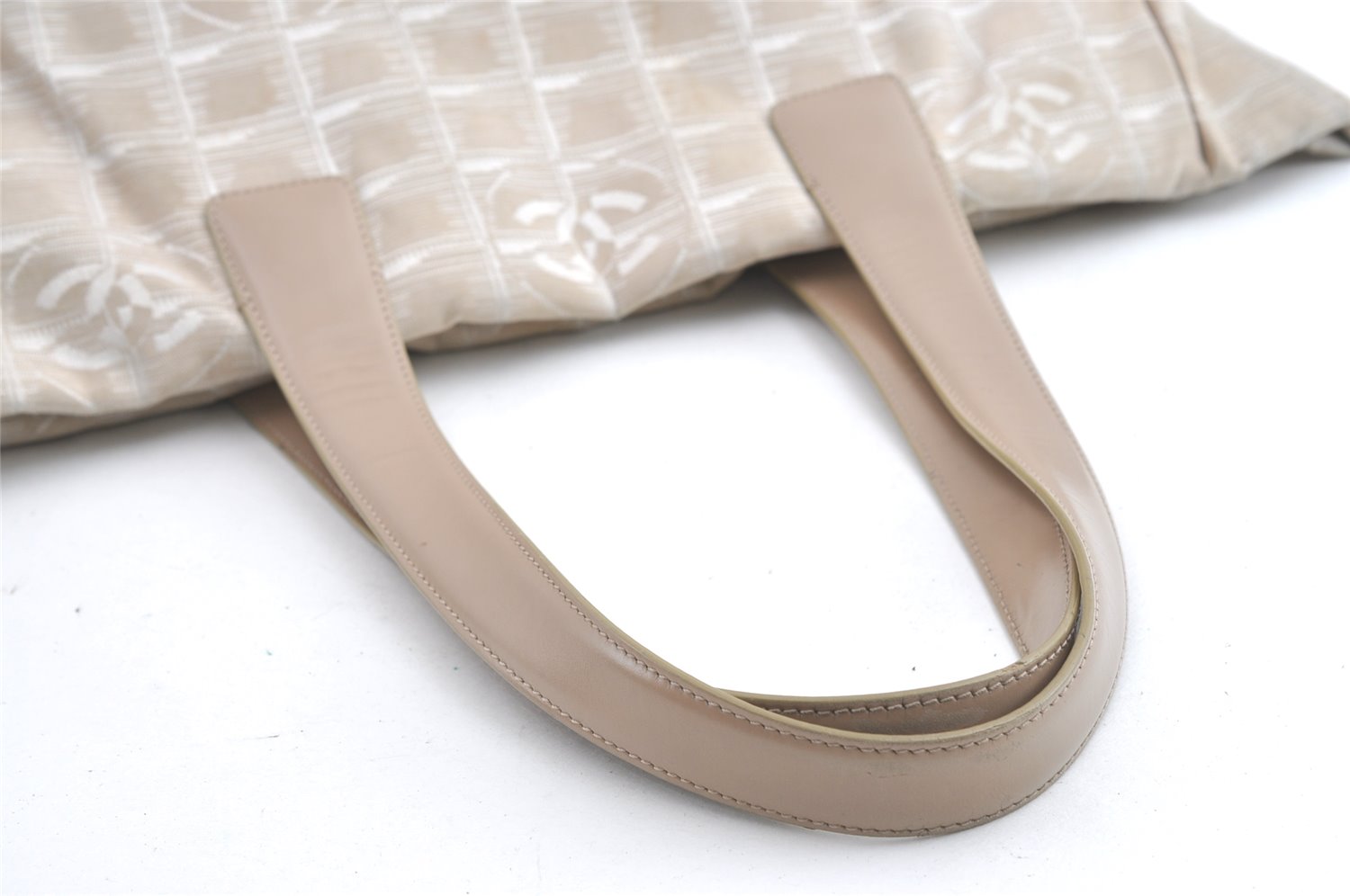 Authentic CHANEL New Travel Line Shoulder Tote Bag Nylon Leather Beige 8128J