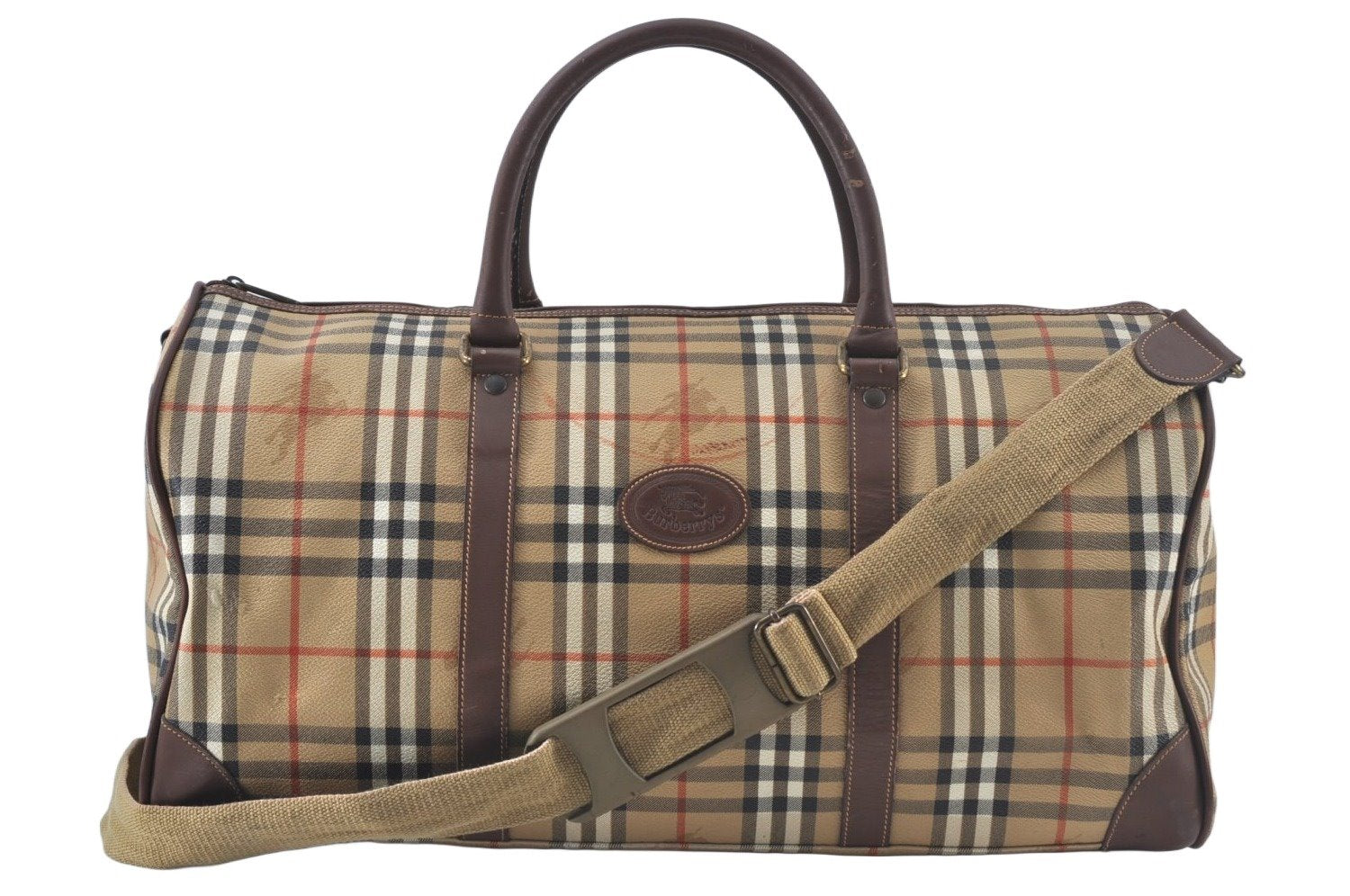 Authentic Burberrys Nova Check PVC Leather 2Way Travel Boston Bag Beige 8131J