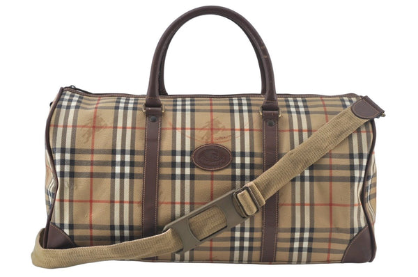 Authentic Burberrys Nova Check PVC Leather 2Way Travel Boston Bag Beige 8131J