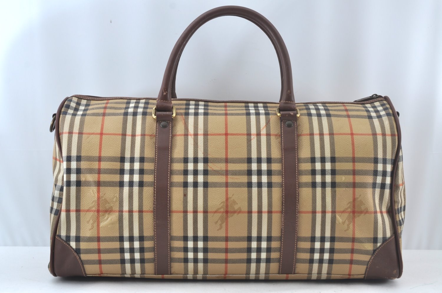 Authentic Burberrys Nova Check PVC Leather 2Way Travel Boston Bag Beige 8131J