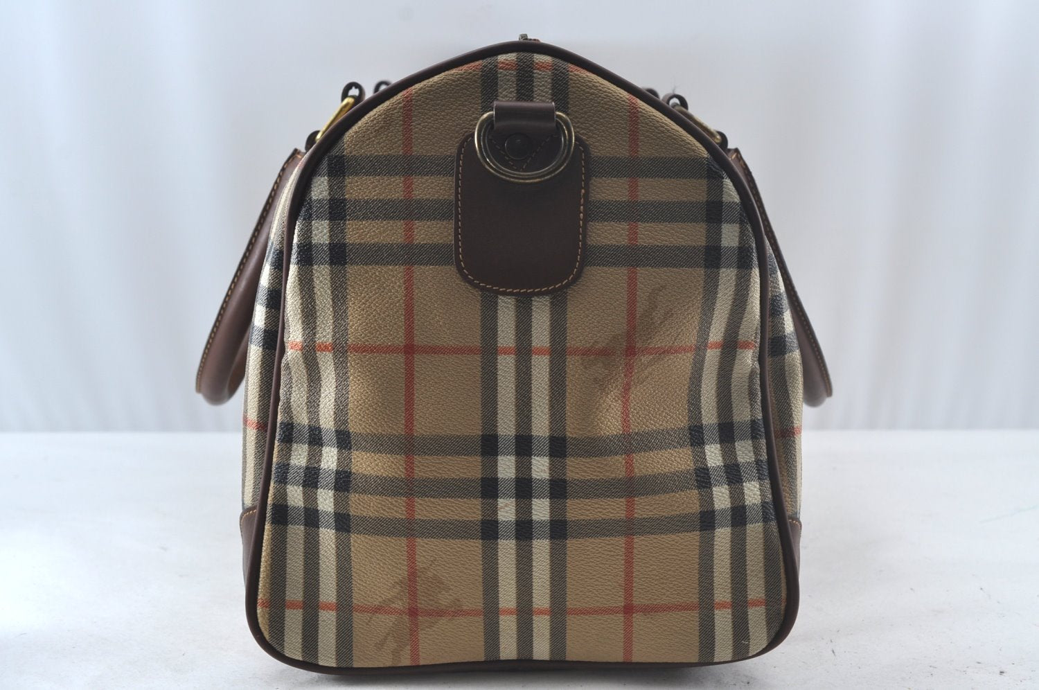 Authentic Burberrys Nova Check PVC Leather 2Way Travel Boston Bag Beige 8131J