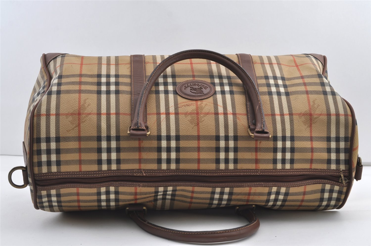 Authentic Burberrys Nova Check PVC Leather 2Way Travel Boston Bag Beige 8131J