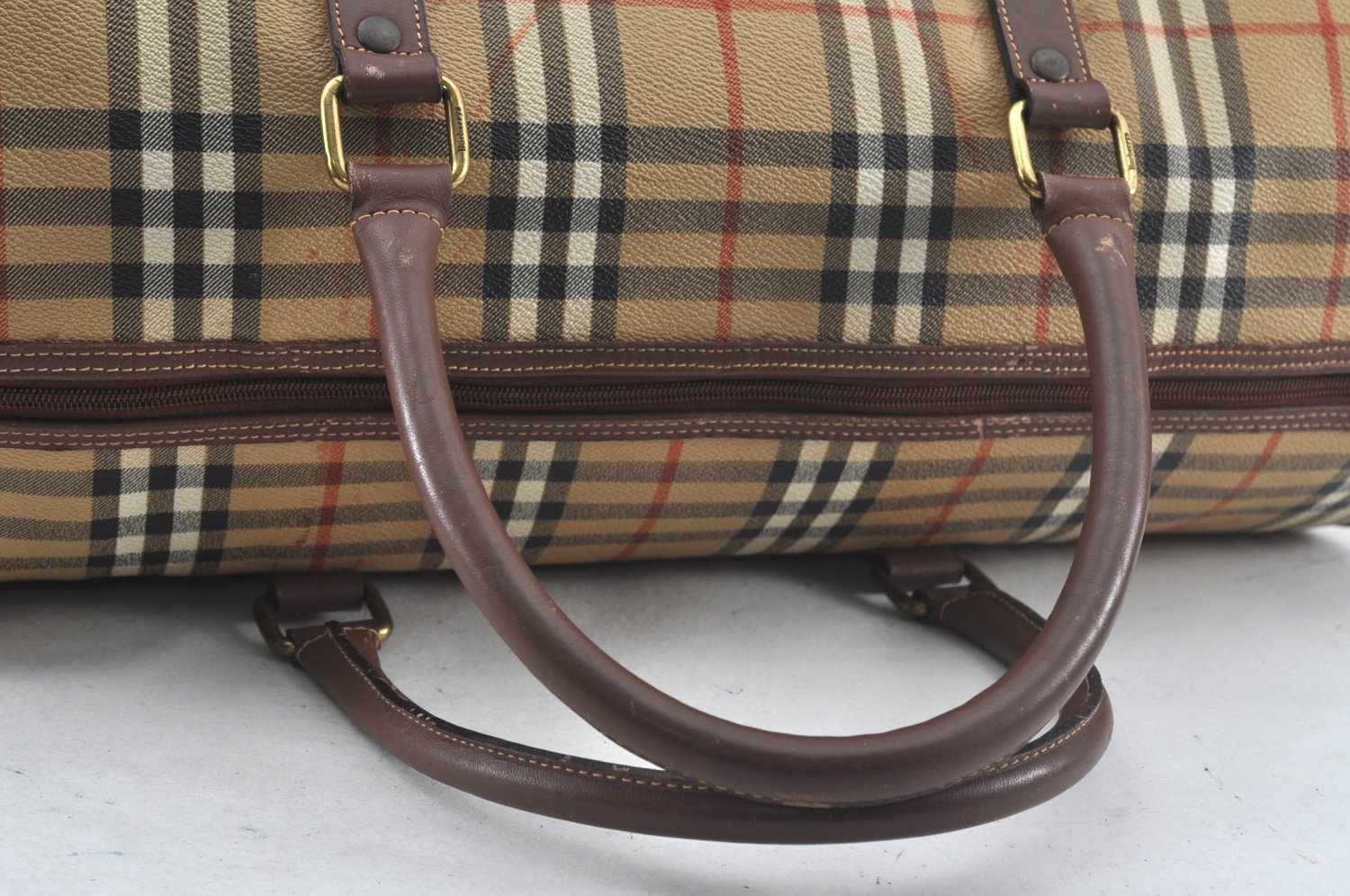 Authentic Burberrys Nova Check PVC Leather 2Way Travel Boston Bag Beige 8131J
