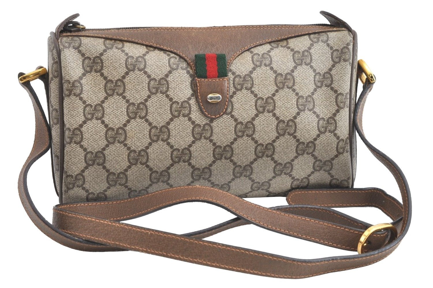 Authentic GUCCI Web Sherry Line Shoulder Cross Bag GG PVC Leather Brown 8132J