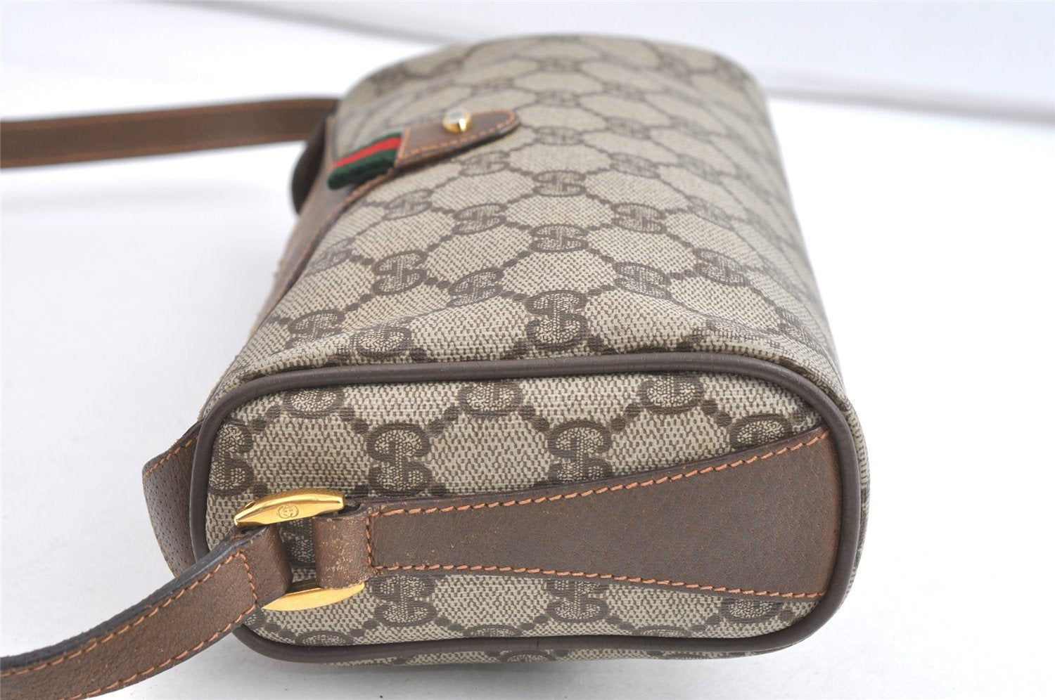Authentic GUCCI Web Sherry Line Shoulder Cross Bag GG PVC Leather Brown 8132J