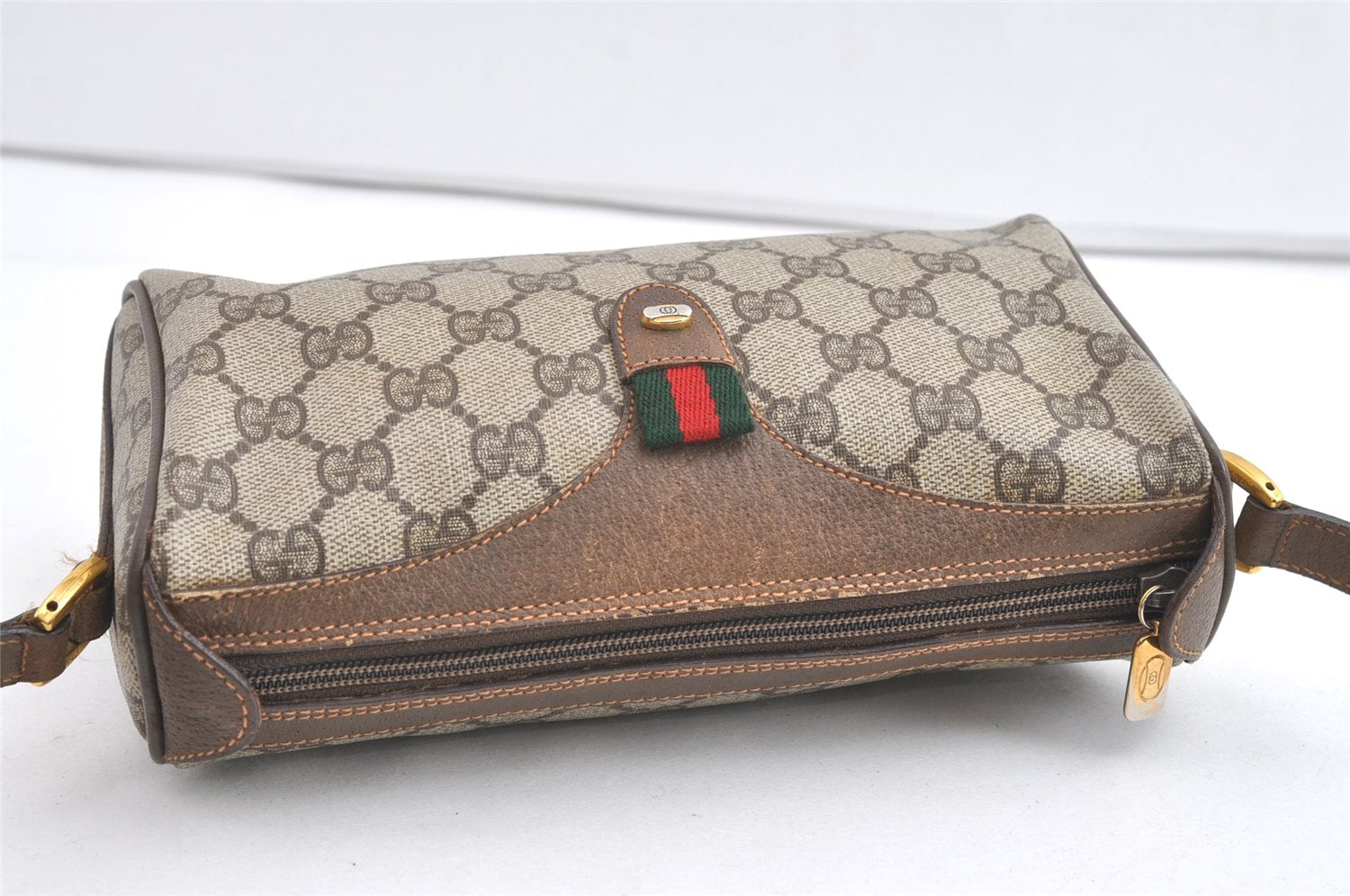 Authentic GUCCI Web Sherry Line Shoulder Cross Bag GG PVC Leather Brown 8132J