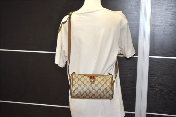 Authentic GUCCI Web Sherry Line Shoulder Cross Bag GG PVC Leather Brown 8132J