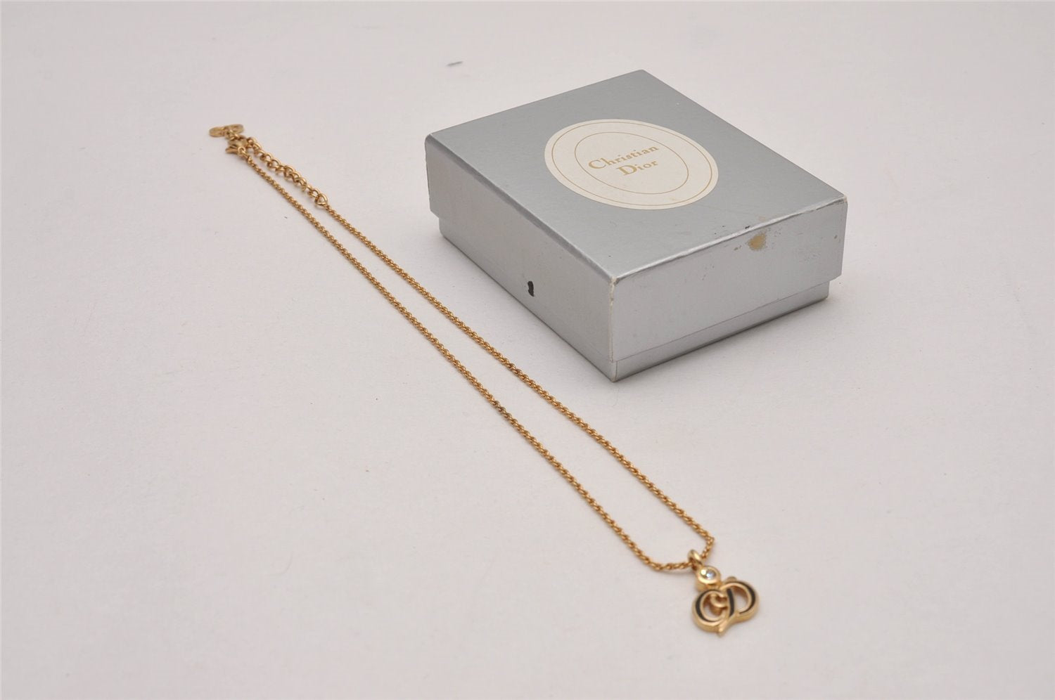 Auth Christian Dior Gold Tone Rhinestone Chain Pendant Necklace CD Box 8139I