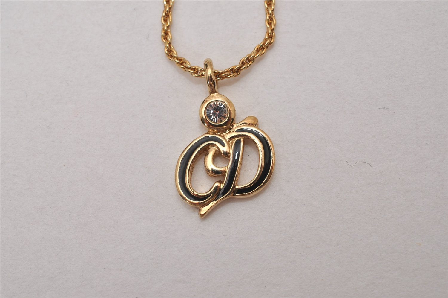 Auth Christian Dior Gold Tone Rhinestone Chain Pendant Necklace CD Box 8139I