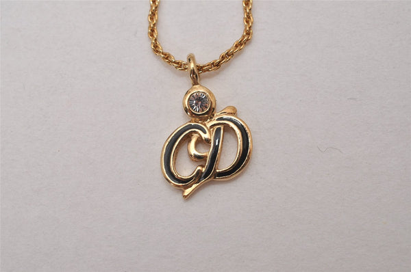 Auth Christian Dior Gold Tone Rhinestone Chain Pendant Necklace CD Box 8139I