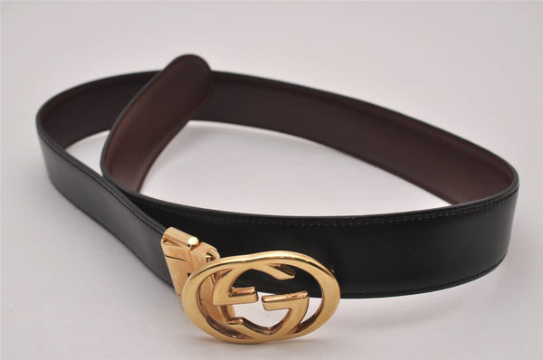 Authentic GUCCI Interlocking G Belt Reversible Leather 25.2-27.2" Black 8141I