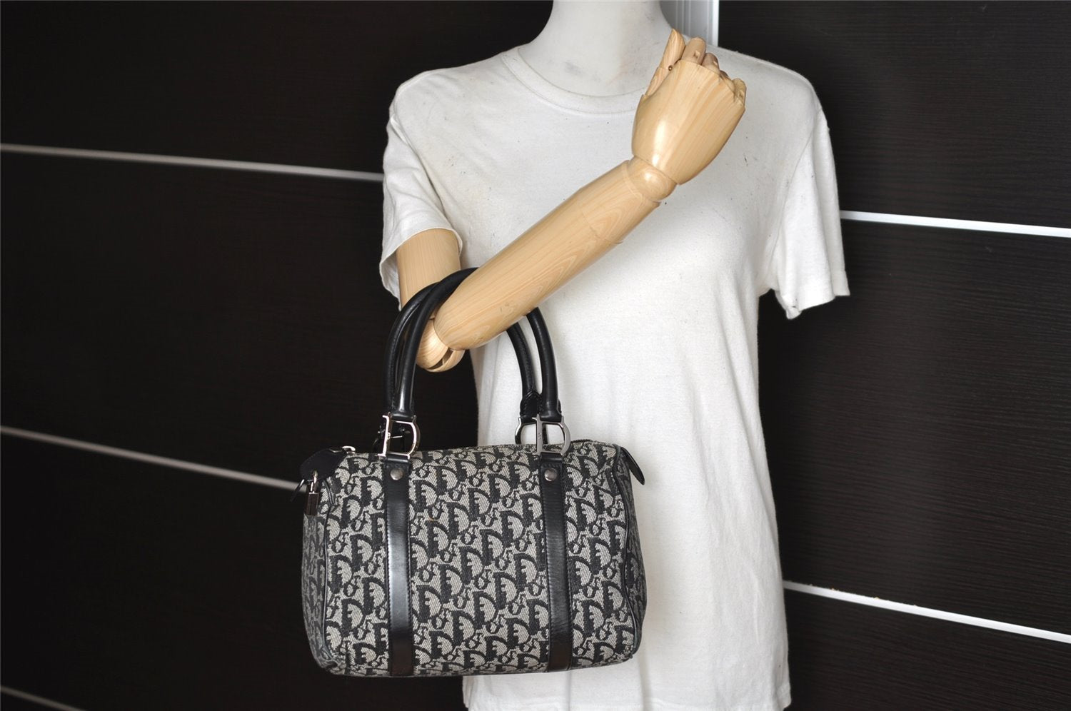 Authentic Christian Dior Trotter Hand Boston Bag Canvas Leather Black 8146I