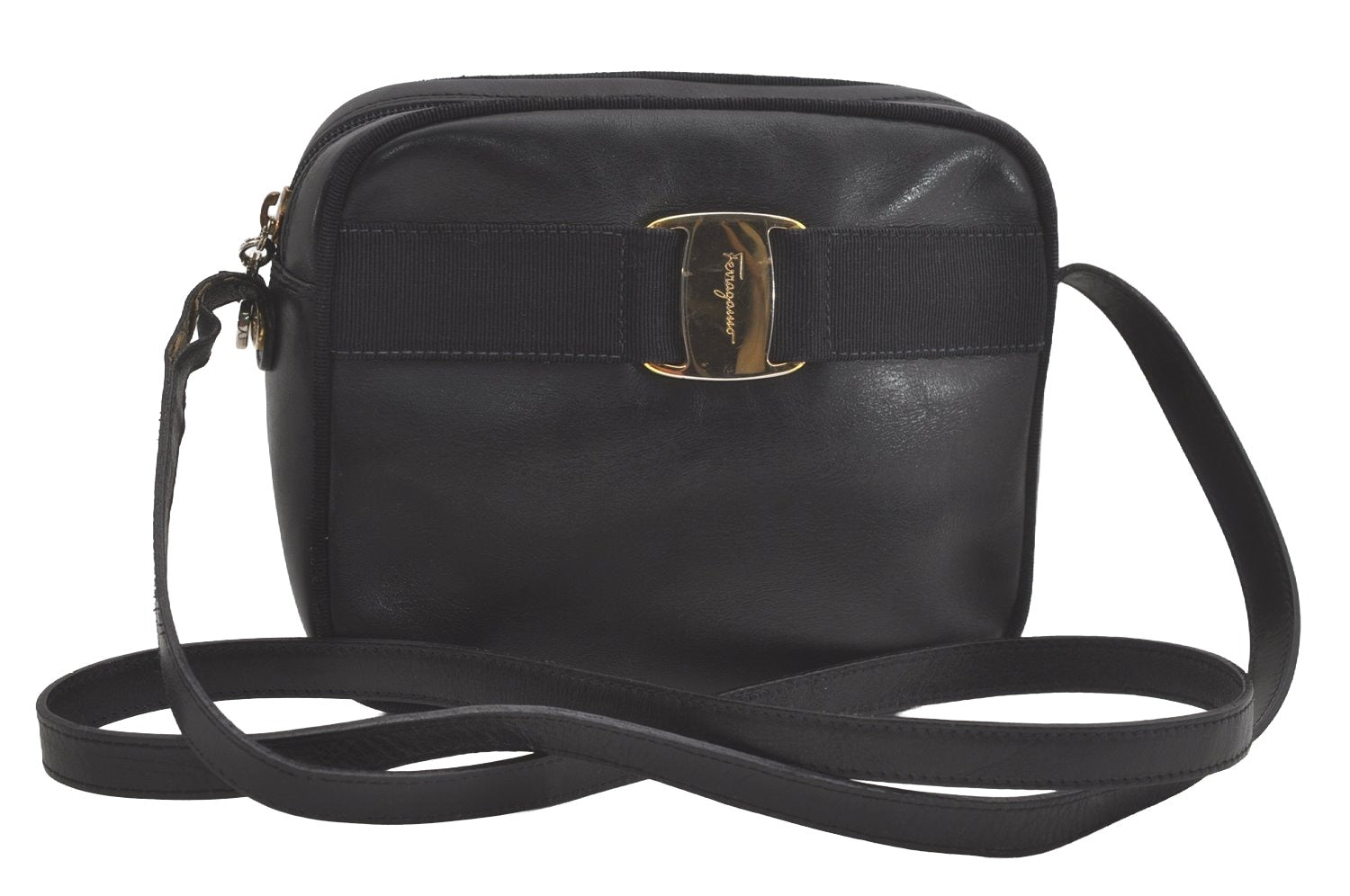 Authentic Salvatore Ferragamo Vara Shoulder Cross Body Bag Leather Black 8148I