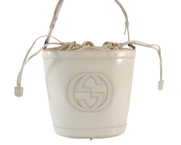 Authentic GUCCI Inletlocking G Drawstring Shoulder Bag Purse Enamel White 8149J