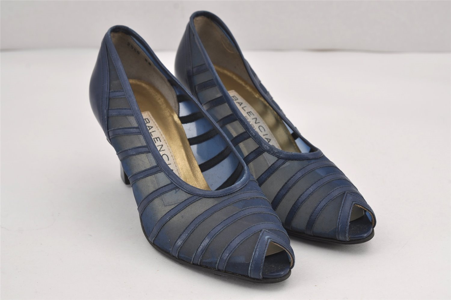 Authentic BALENCIAGA Open Toe Pumps Shoes Size 34 1/2 Nylon Leather Blue 8153J