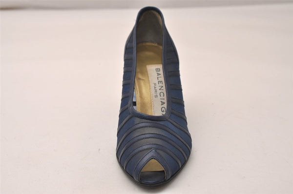 Authentic BALENCIAGA Open Toe Pumps Shoes Size 34 1/2 Nylon Leather Blue 8153J