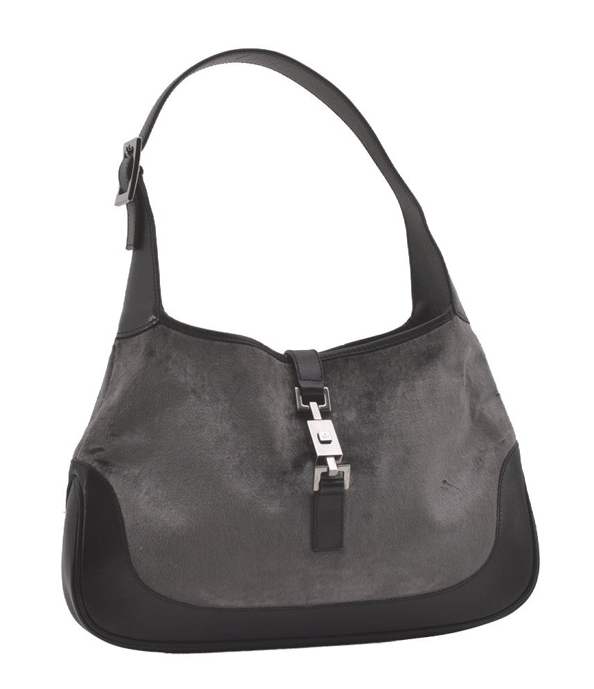Authentic GUCCI Jackie Shoulder Hand Bag Velour Leather 0013306 Gray 8154I