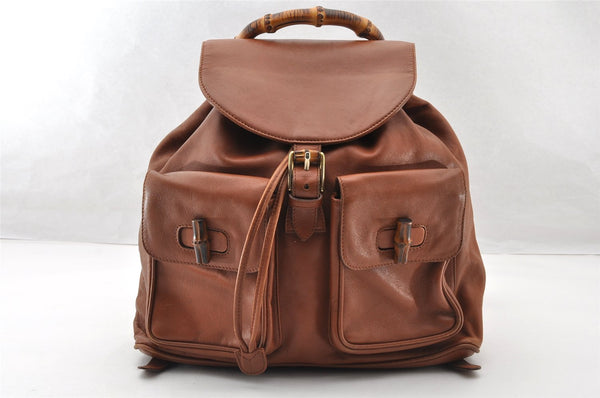 Authentic GUCCI Bamboo Vintage Drawstring Backpack Leather Brown 8155I