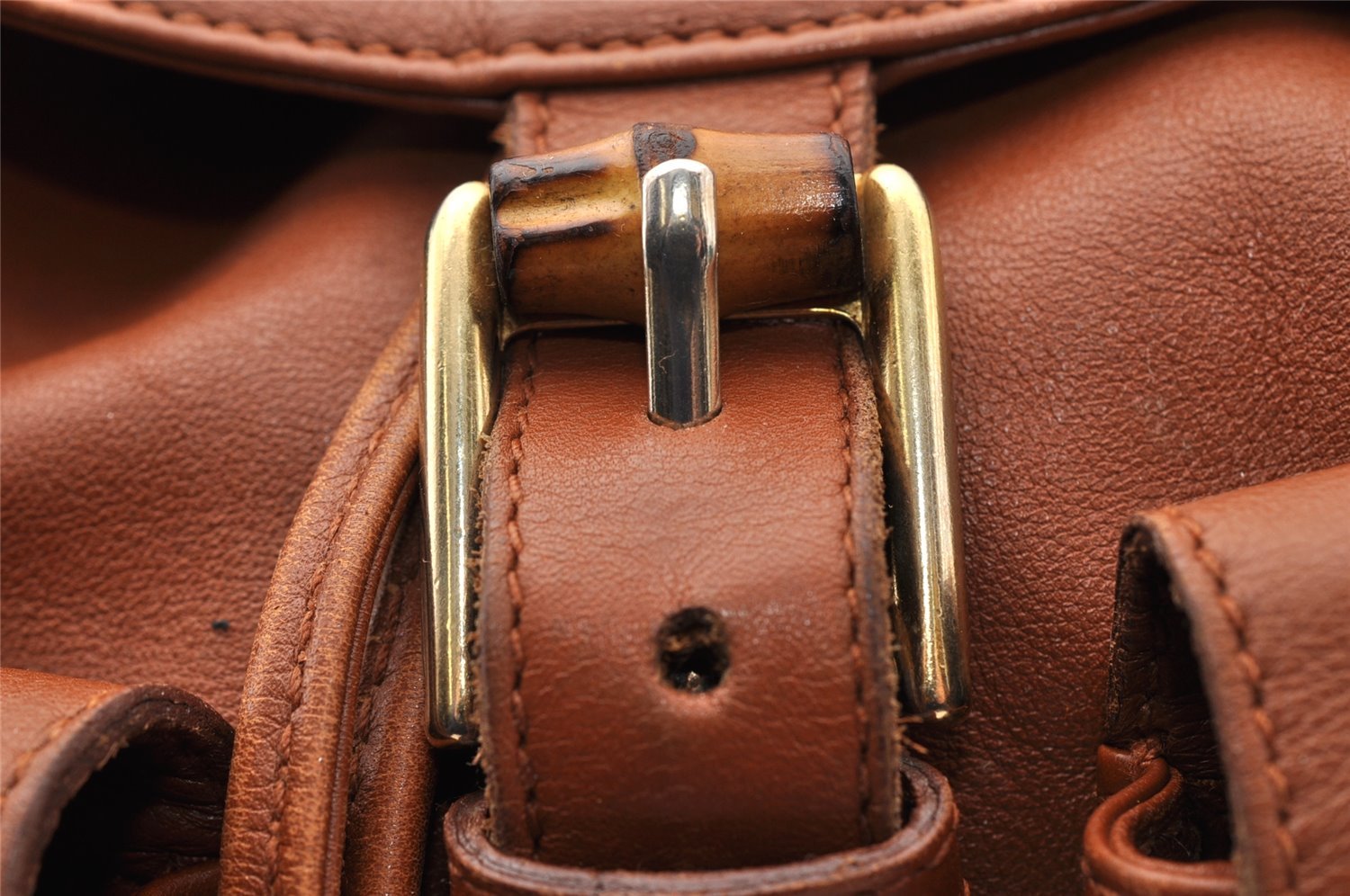 Authentic GUCCI Bamboo Vintage Drawstring Backpack Leather Brown 8155I