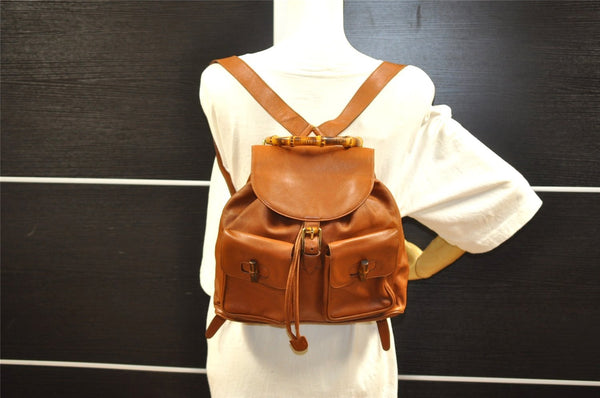 Authentic GUCCI Bamboo Vintage Drawstring Backpack Leather Brown 8155I