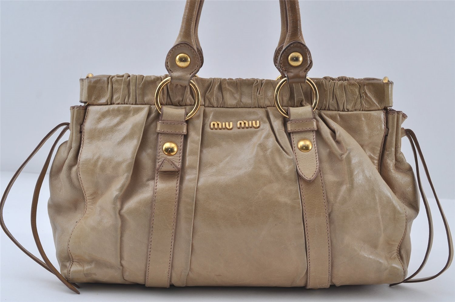 Authentic MIU MIU Vintage Leather Shoulder Tote Bag Beige 8163I