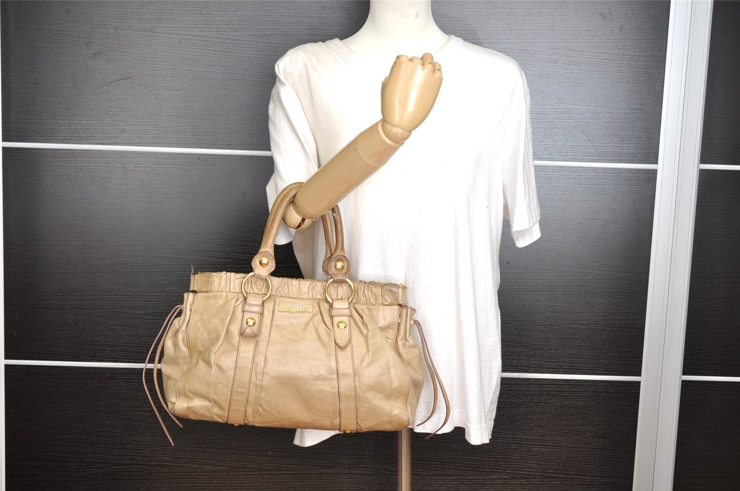 Authentic MIU MIU Vintage Leather Shoulder Tote Bag Beige 8163I