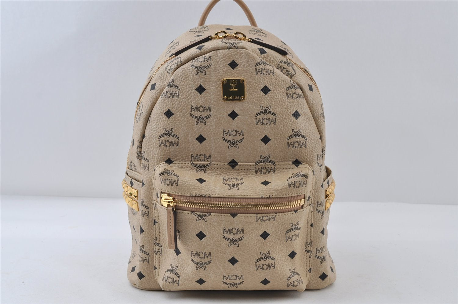 Authentic MCM Studs Leather Vintage Backpack Beige 8168I