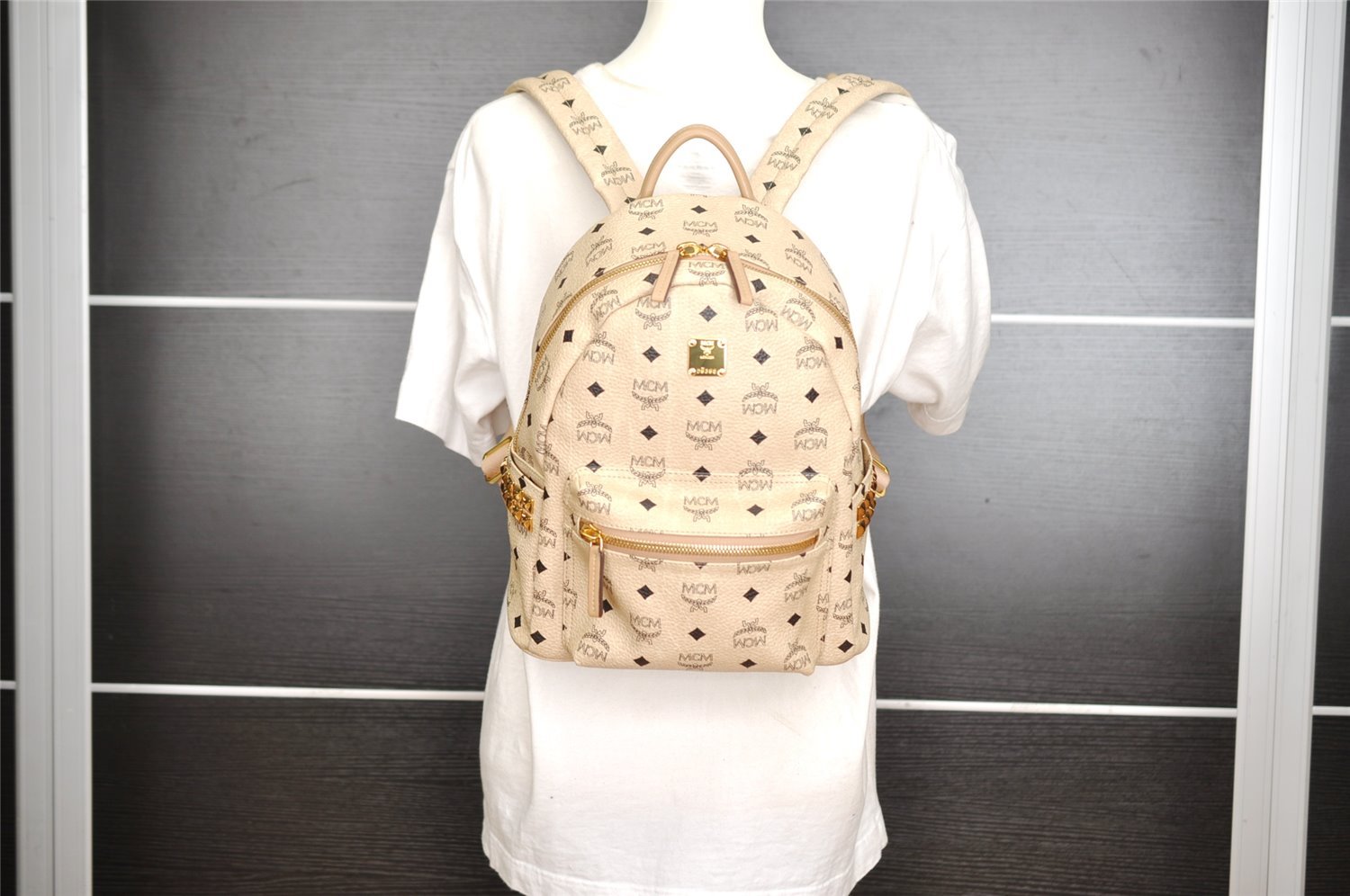 Authentic MCM Studs Leather Vintage Backpack Beige 8168I