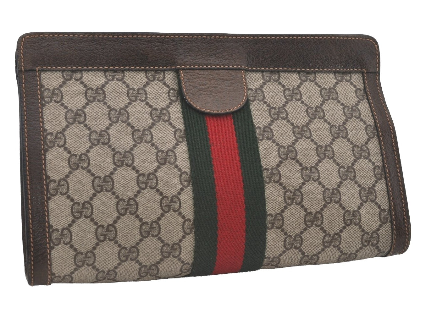 Authentic GUCCI Web Sherry Line Clutch Hand Bag Purse GG PVC Leather Brown 8169I