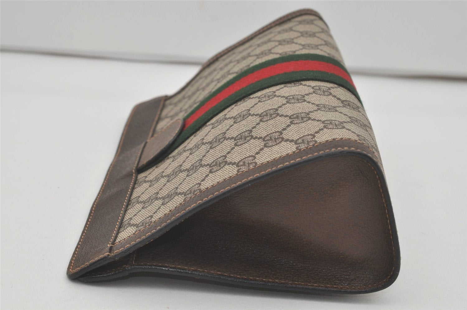 Authentic GUCCI Web Sherry Line Clutch Hand Bag Purse GG PVC Leather Brown 8169I