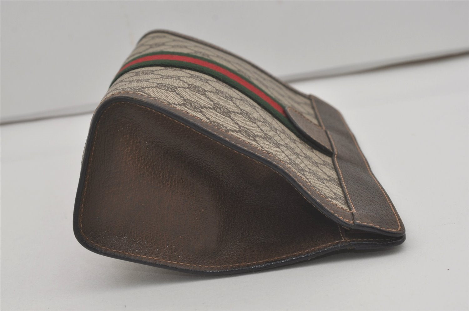 Authentic GUCCI Web Sherry Line Clutch Hand Bag Purse GG PVC Leather Brown 8169I