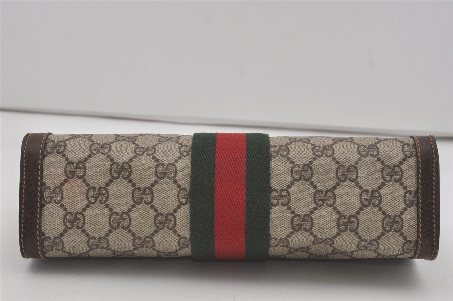 Authentic GUCCI Web Sherry Line Clutch Hand Bag Purse GG PVC Leather Brown 8169I