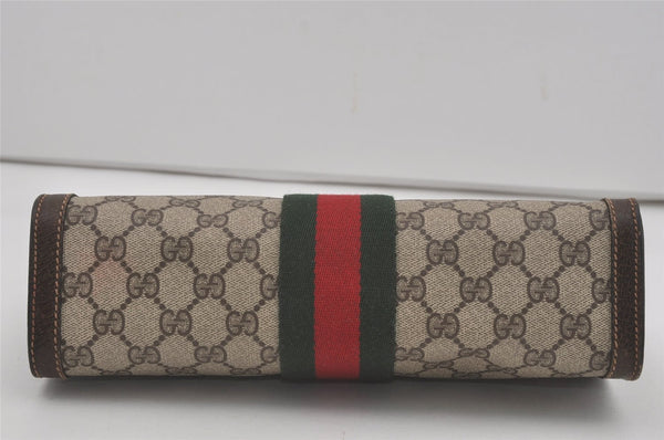 Authentic GUCCI Web Sherry Line Clutch Hand Bag Purse GG PVC Leather Brown 8169I