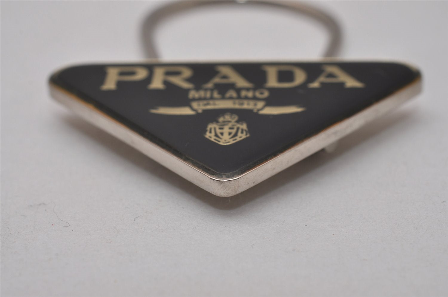 Authentic PRADA Vintage Metal Logo Key Ring Charm Black 8171I