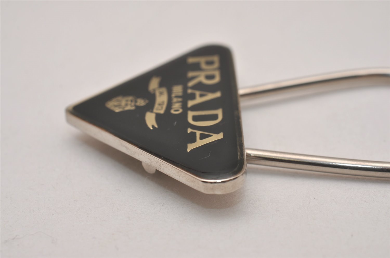 Authentic PRADA Vintage Metal Logo Key Ring Charm Black 8171I