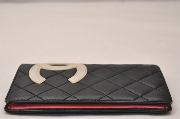 Authentic CHANEL Calf Skin Cambon Line CC Logo Bifold Long Wallet Black 8171J