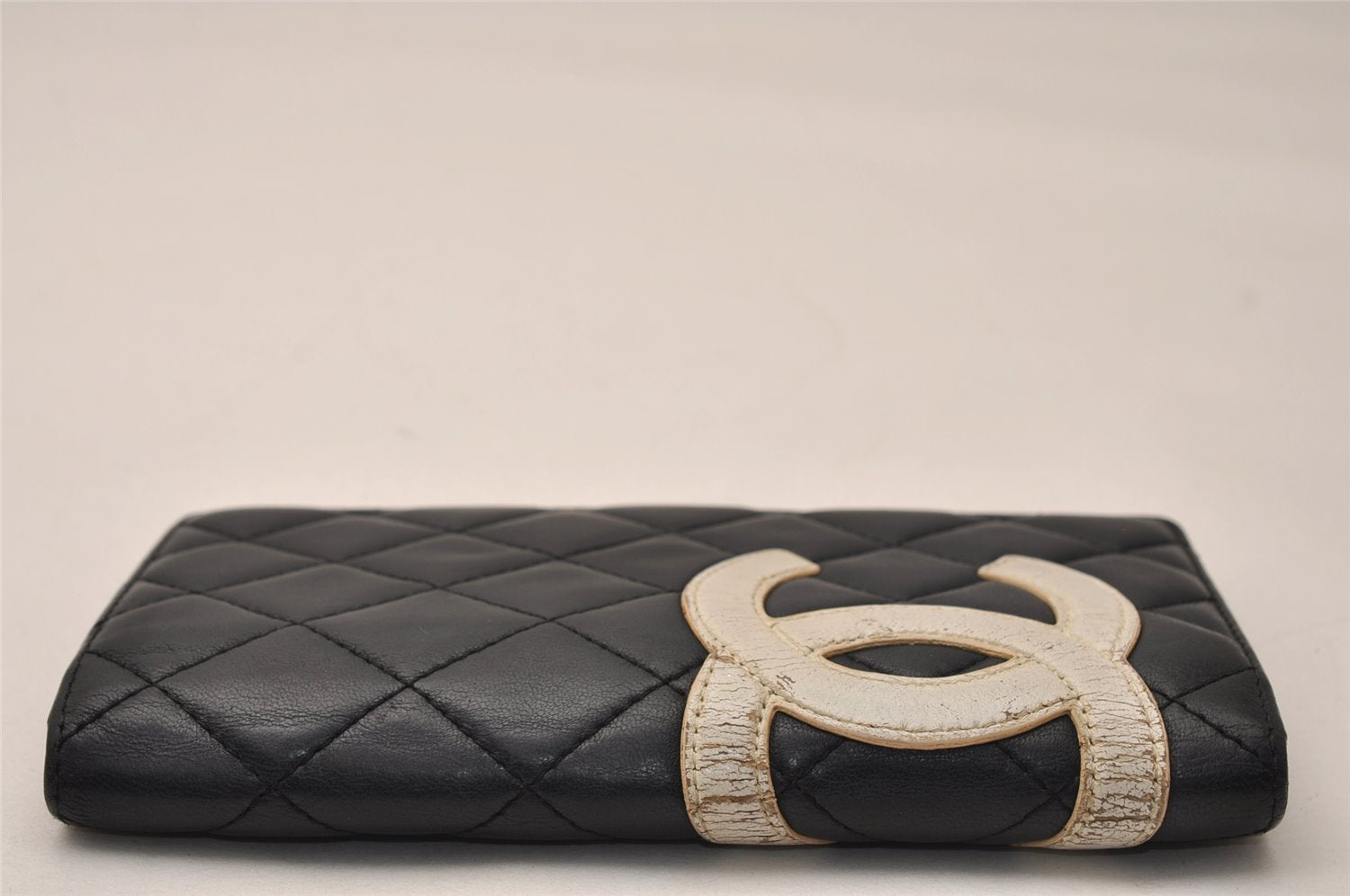 Authentic CHANEL Calf Skin Cambon Line CC Logo Bifold Long Wallet Black 8171J