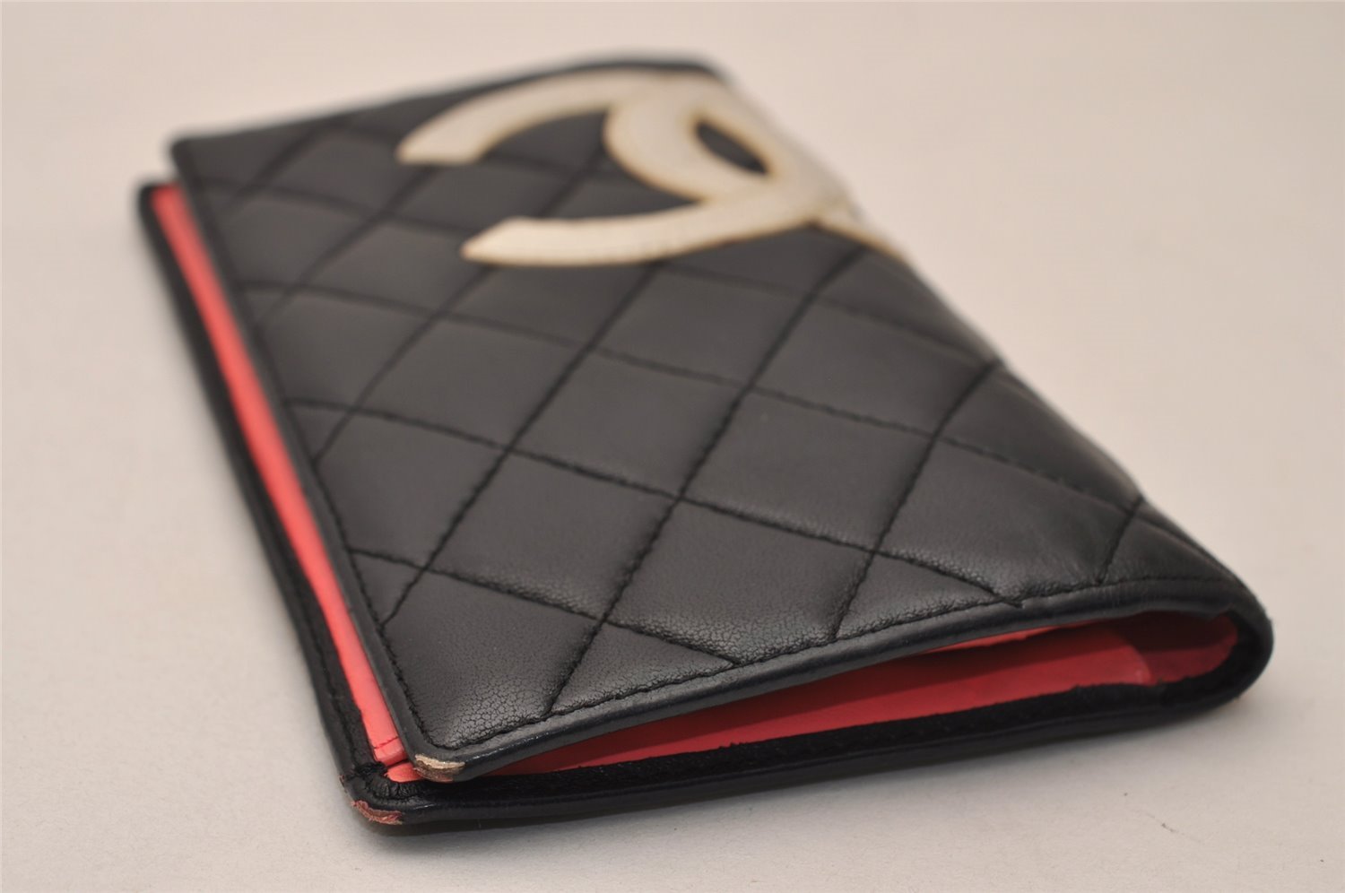 Authentic CHANEL Calf Skin Cambon Line CC Logo Bifold Long Wallet Black 8171J