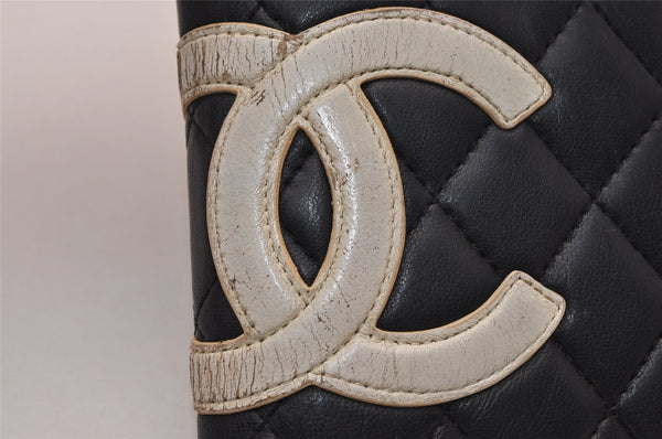 Authentic CHANEL Calf Skin Cambon Line CC Logo Bifold Long Wallet Black 8171J