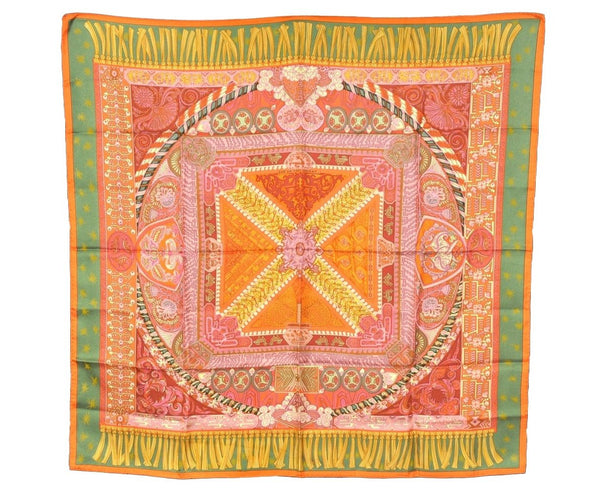 Authentic HERMES Carre 90 Scarf "SUR UN TAPIS VOLANT" Silk Orange Green 8173J