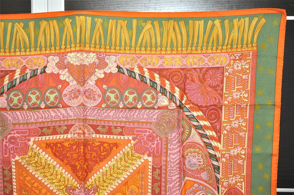 Authentic HERMES Carre 90 Scarf "SUR UN TAPIS VOLANT" Silk Orange Green 8173J