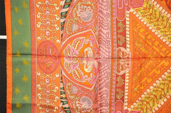 Authentic HERMES Carre 90 Scarf "SUR UN TAPIS VOLANT" Silk Orange Green 8173J