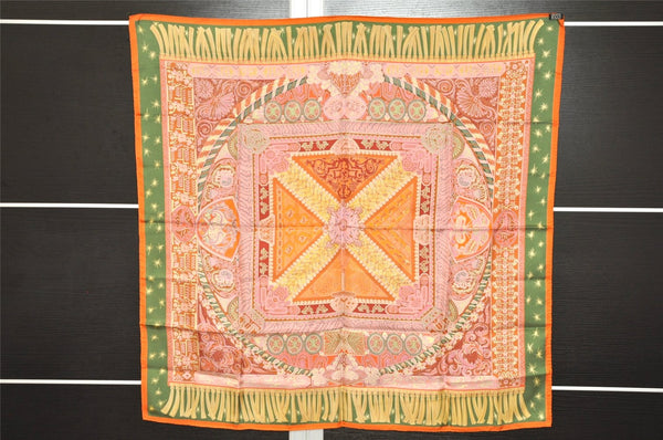 Authentic HERMES Carre 90 Scarf "SUR UN TAPIS VOLANT" Silk Orange Green 8173J