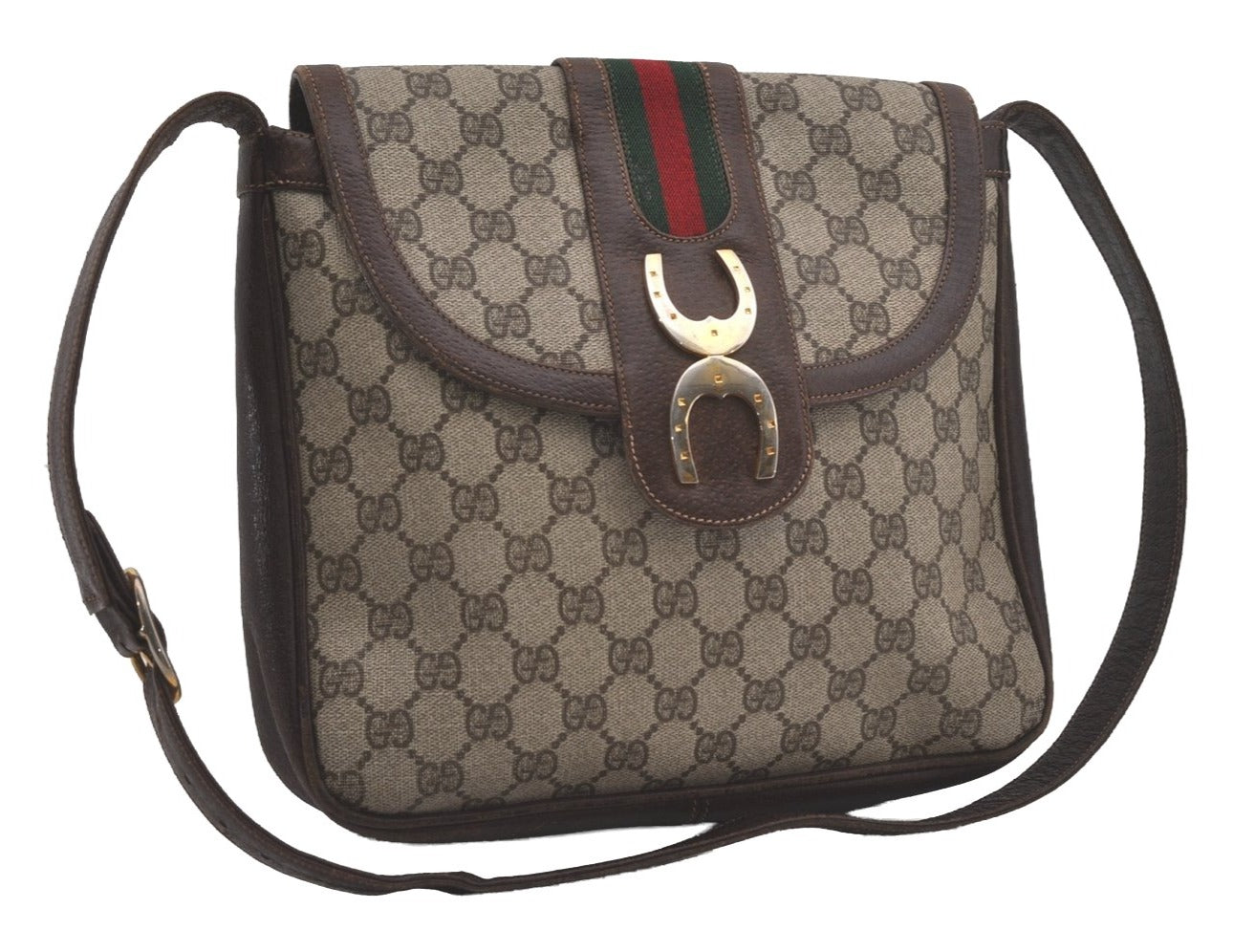 Authentic GUCCI Web Sherry Line Shoulder Bag Purse GG PVC Leather Brown 8176I