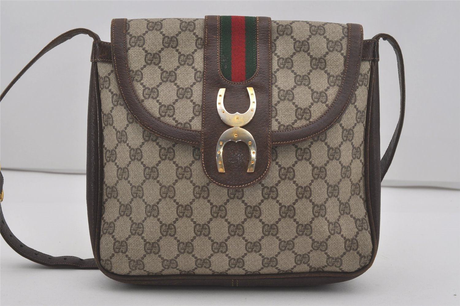 Authentic GUCCI Web Sherry Line Shoulder Bag Purse GG PVC Leather Brown 8176I