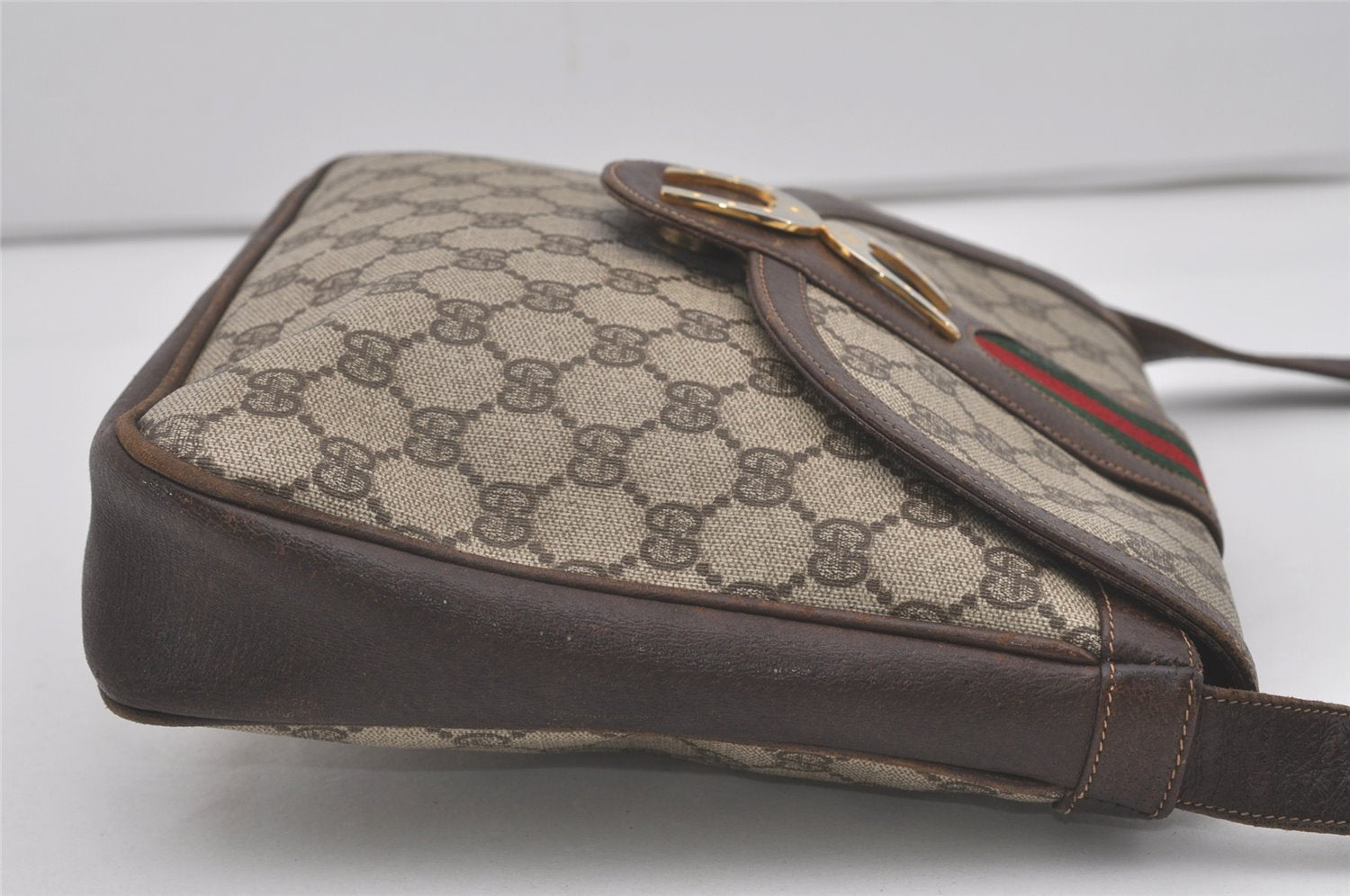 Authentic GUCCI Web Sherry Line Shoulder Bag Purse GG PVC Leather Brown 8176I