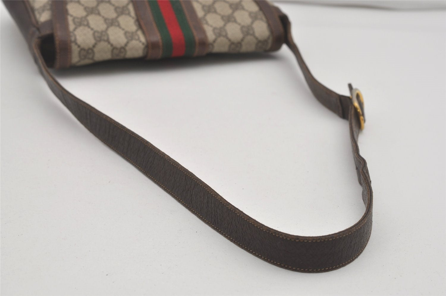 Authentic GUCCI Web Sherry Line Shoulder Bag Purse GG PVC Leather Brown 8176I